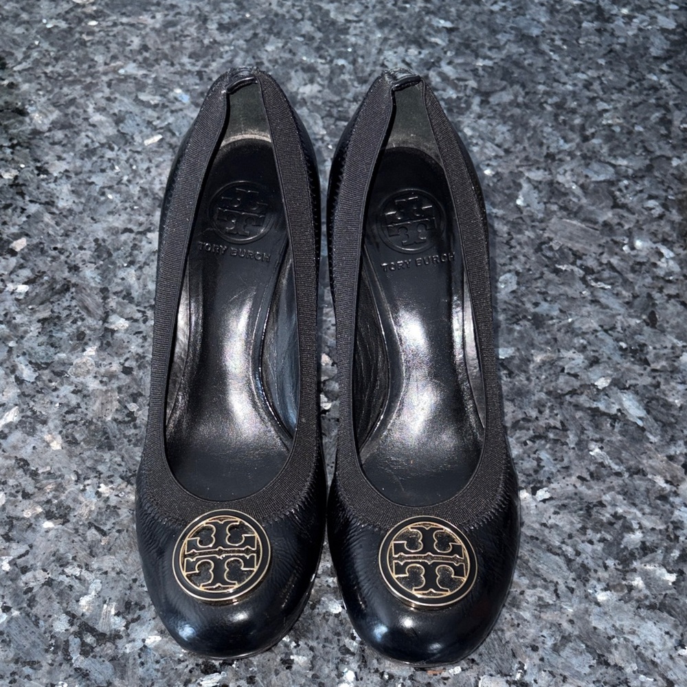 Tory Burch Black Heels with Gold Logo